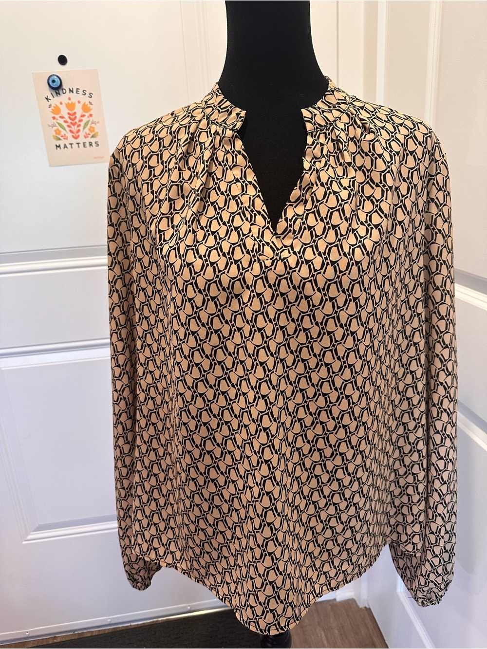 SHEIN Beige & Black Geometric Long-Sleeve Blouse